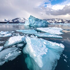 Glacial lagoon scene with jagged ice floes, snow-capped mountains on the horizon, and dramatic sky reflecting in calm waters