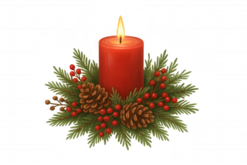 Red candle burning, surrounded by a festive christmas wreath with pinecones and red berries, transparent background, holiday celebration