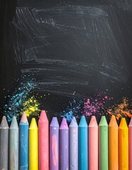 Vibrant colored wax crayons line the bottom edge of a dusty black chalkboard surface, creating an eye-catching, textured composition
