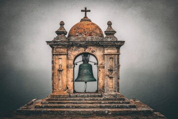 Old stone bell tower, weathered and serene, in a misty setting