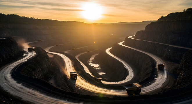 Massive haul trucks navigate winding roads in vast open-pit mine at sunset
