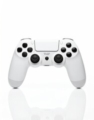 A white videogame controller, isolated, front-facing, with a glossy reflective surface beneath it, sits against a stark white backdrop