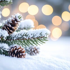 Pine branch with cones draped in snow, blurred bokeh lights create a soft, festive winter background