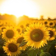 Golden hour shines on a sunflower field, with vibrant yellow petals and green leaves reaching for the warm light of a setting sun on the horizon