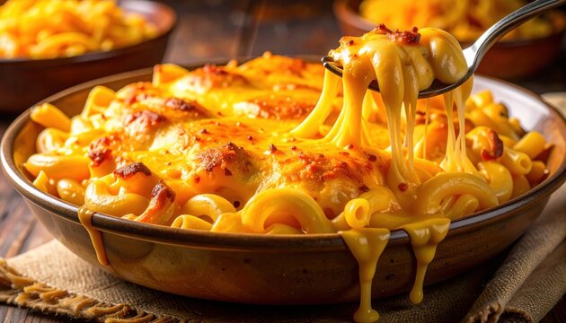 Golden, cheesy macaroni and cheese overflows a rustic bowl, with a spoonful rising, showcasing molten cheese pull on a wooden surface