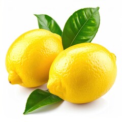 Two bright yellow lemons are displayed with vibrant green leaves, set against a plain white background, highlighting freshness and simplicity