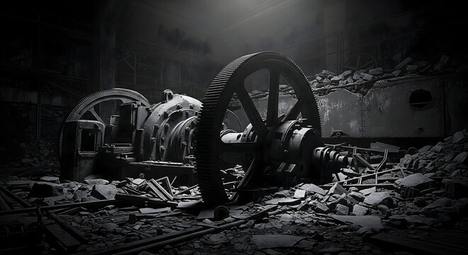 Vintage industrial machinery in abandoned factory with debris