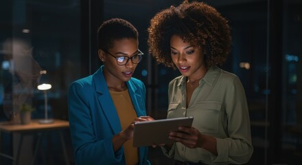 Two businesswomen in a modern office setting, engrossed in a digital tablet discussion, illuminate a late-night work session.