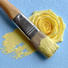 Yellow paint brush strokes on light blue surface, with a sculpted yellow rose