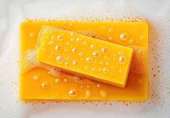 Bright yellow soap bar in suds