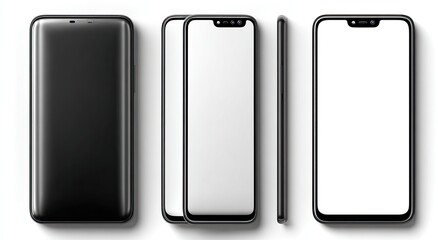 Three black smartphones, top-down and side views, with blank screens