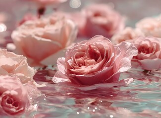 Delicate pink roses float on a shimmering surface