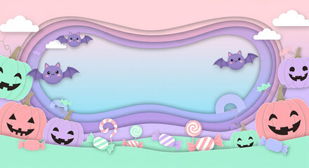 Minimalist Halloween background in pastel colors. Paper cut layered design with smiling pumpkins, cartoon bats, and candy. Soft gradient background, playful digital craft design with empty copy space.