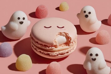 Pastel pink macaron with bite taken, surrounded by Halloween themed candies
