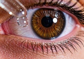 Eye Drop Precision: A close-up captures a human eye as a clear eye drop is carefully administered, highlighting the intricacies of vision care and health.