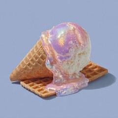 Ice cream cone with iridescent pink dripping sauce