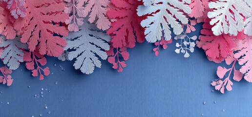Delicate paper leaves in shades of pink and white, arranged on a textured, light-blue background