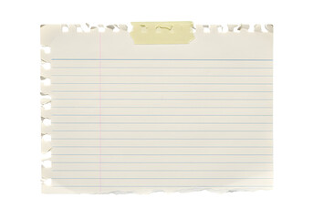 Torn Lined Notebook Paper Page Held by Yellow Tape Against a White Background
