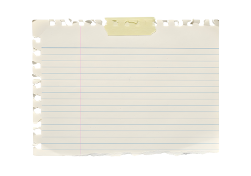 Torn Lined Notebook Paper Page Held by Yellow Tape Against a White Background