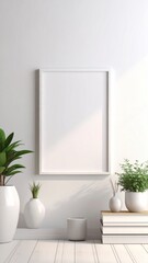 Clean, minimalist interior with a white blank frame, plants in pots, and a stack of books against a white wall on a pale wooden floor