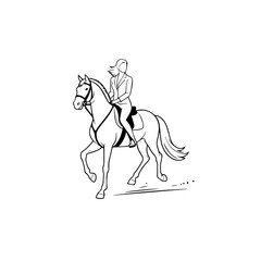 Black and white line art of a beautiful woman with perfect body riding horse elegant minimalist illustration