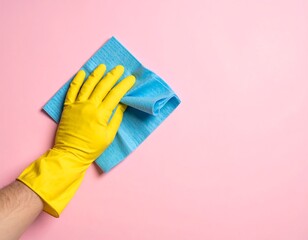 A hand in a yellow glove wiping a blue cloth on a pink surface