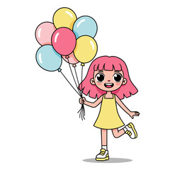 A smiling girl with pink hair in a yellow dress holding pastel balloons, playfully posing on one leg—perfect for cheerful, kid-friendly designs.