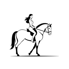 Black and white line art of a beautiful woman with perfect body riding horse elegant minimalist illustration