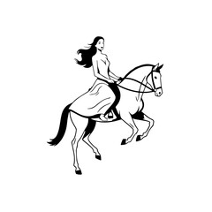 Black and white line art of a beautiful woman with perfect body riding horse elegant minimalist illustration