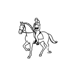 Black and white line art of a beautiful woman with perfect body riding horse elegant minimalist illustration