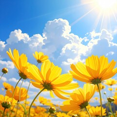 Radiant yellow flowers bask in sunlight under a clear blue sky with fluffy white clouds, exuding warmth and vibrancy in a serene natural scene