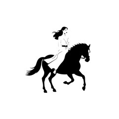 Black and white line art of a beautiful woman with perfect body riding horse elegant minimalist illustration