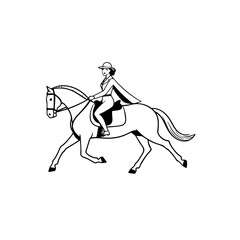 Black and white line art of a beautiful woman with perfect body riding horse elegant minimalist illustration