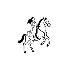 Black and white line art of a beautiful woman with perfect body riding horse elegant minimalist illustration