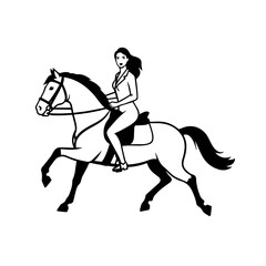 Black and white line art of a beautiful woman with perfect body riding horse elegant minimalist illustration