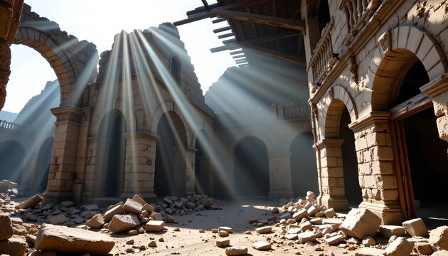 An ancient stone building with arched windows and columns, standing in partial ruin amidst rubble. The architecture suggests a historical site, possibly a church or a significant landmark