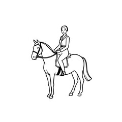 Black and white line art of a beautiful woman with perfect body riding horse elegant minimalist illustration