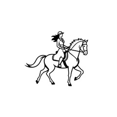 Black and white line art of a beautiful woman with perfect body riding horse elegant minimalist illustration