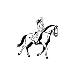 Black and white line art of a beautiful woman with perfect body riding horse elegant minimalist illustration