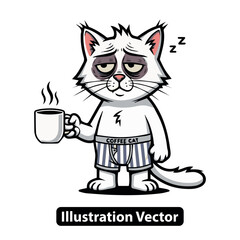 Sleepy cartoon cat with dark circles needs his morning coffee to combat monday exhaustion