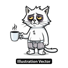 Tired Cat Cartoon with Coffee Cup A Sleepy Morning Illustration for Coffee Lovers