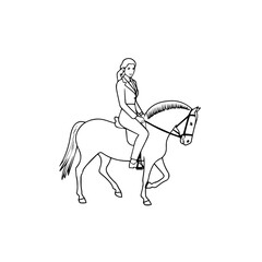 Black and white line art of a beautiful woman with perfect body riding horse elegant minimalist illustration