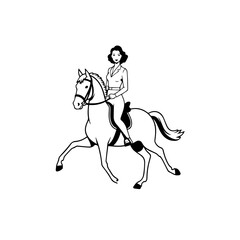 Black and white line art of a beautiful woman with perfect body riding horse elegant minimalist illustration