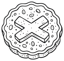 Stylized illustration of a round biscuit with an X mark and scattered inclusions, outlined in black and white.