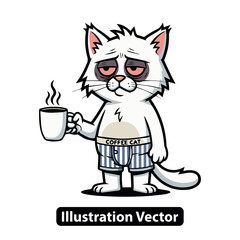 Exhausted feline cartoon character craving its first energizing cup of coffee in the morning