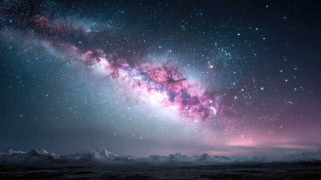 Cosmic Galaxy Spiral with Glowing Stars and Snowy Mountains Under Night Sky Landscape View