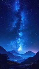 A vast, star-studded sky with bright milky way core, above distant, silhouetted mountain range. Dramatic blue and ethereal glow over a landscape