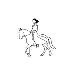 Black and white line art of a beautiful woman with perfect body riding horse elegant minimalist illustration