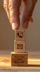 Stack of wooden blocks with communication icons, hand reaching above. Focus on the cubes, soft, warm lighting. Simple, clean look