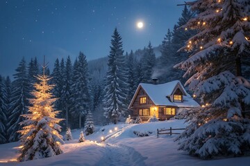 Fototapeta premium Cozy Log Cabin in a Snowy Forest at Night with Christmas Tree Lights and Full Moon winter